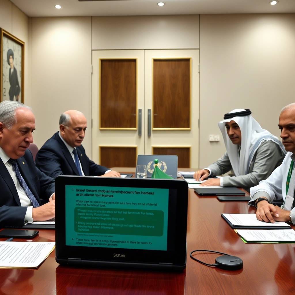 A tense negotiation room with Israeli and Qatari diplomats