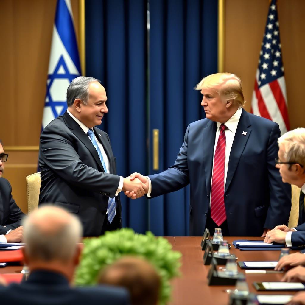 Benjamin Netanyahu and Donald Trump shaking hands in a formal meeting room