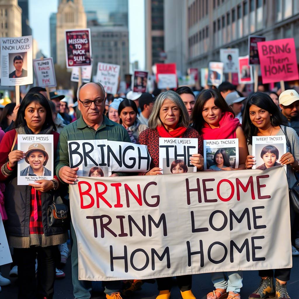 Families holding posters of missing loved ones