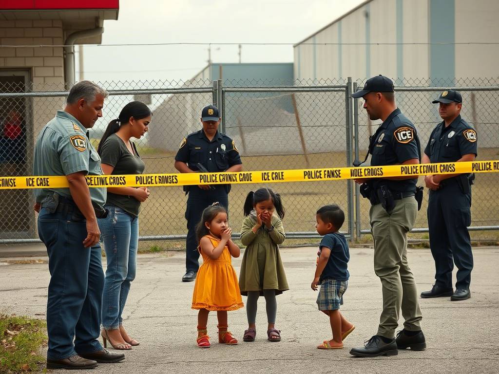 A family separated by police tape at an ICE