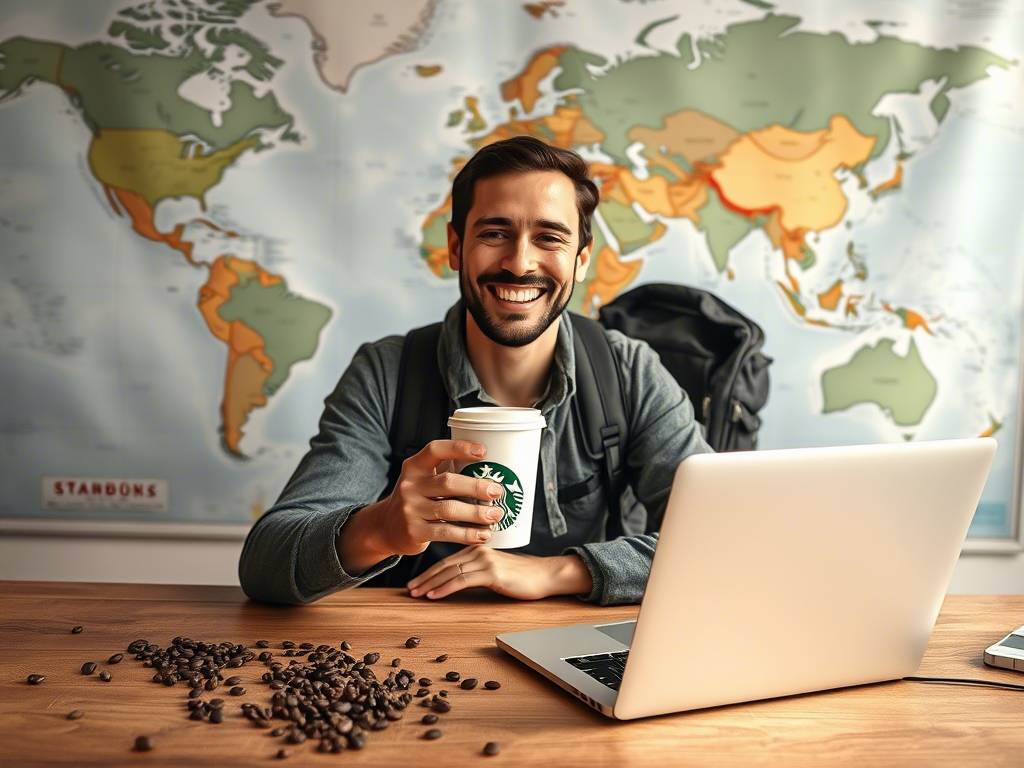 A smiling traveler holding a Starbucks cup