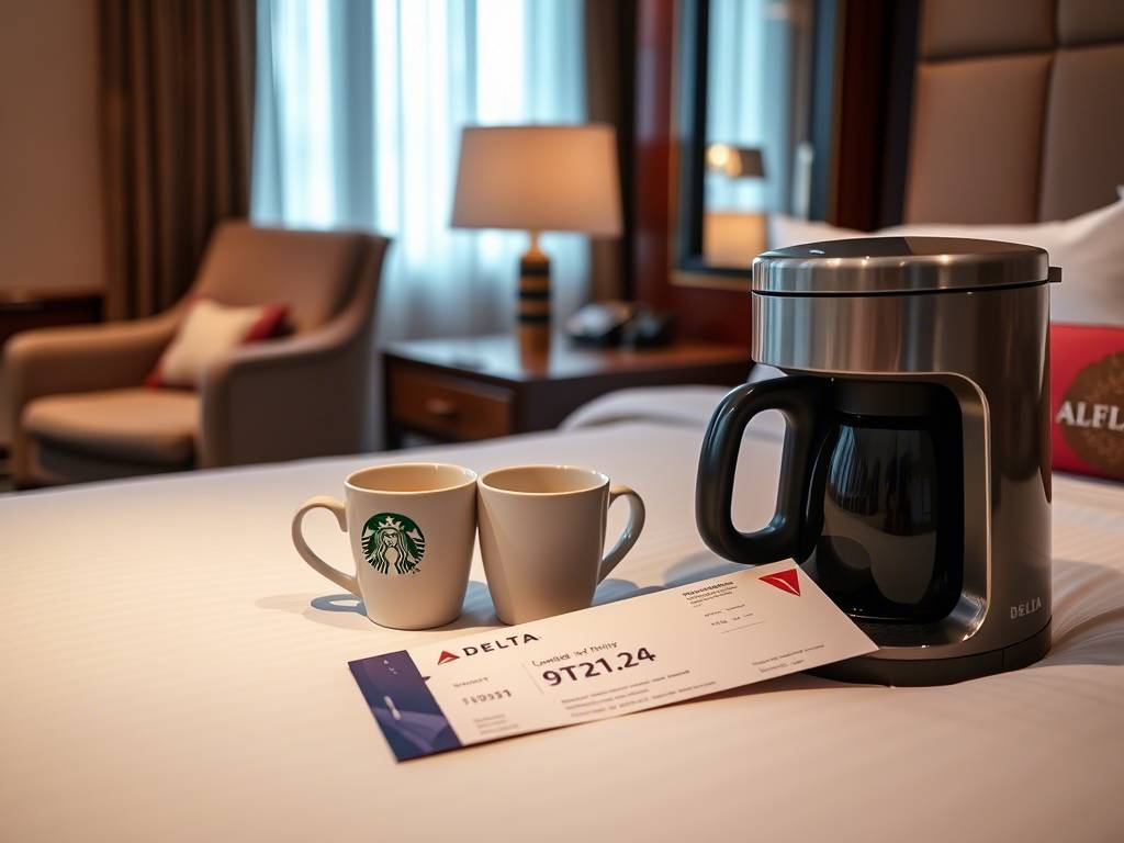 Starbucks coffee set and a Delta boarding pass