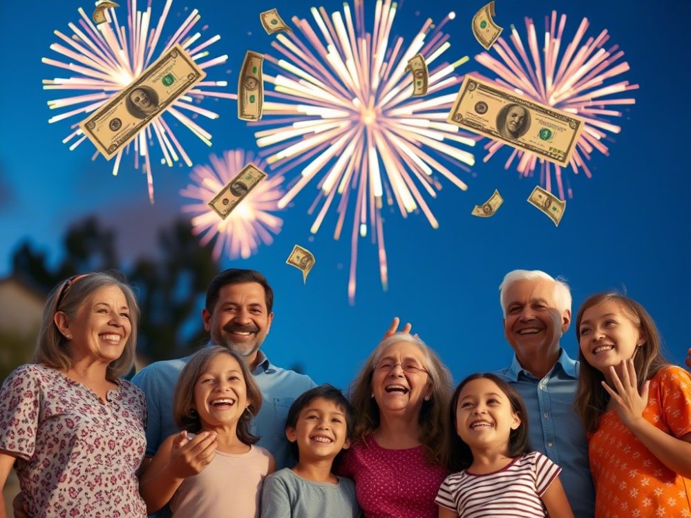 Happy family celebrating with fireworks