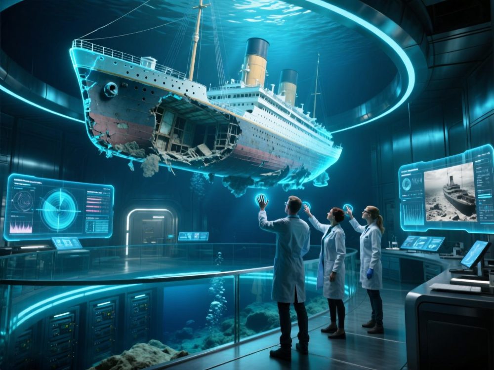Researchers working with a large 3D holographic projection