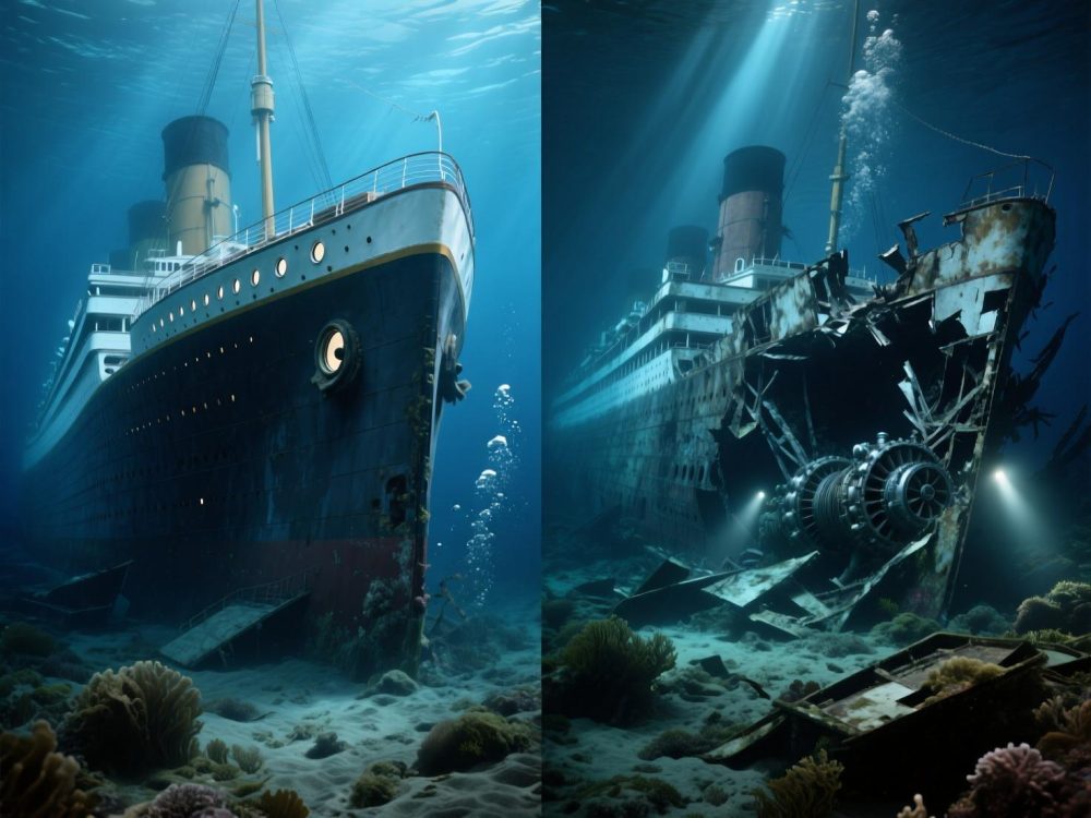 Side by side comparison of Titanics bow