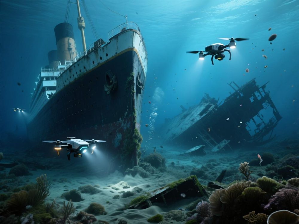 underwater scene showing the Titanic